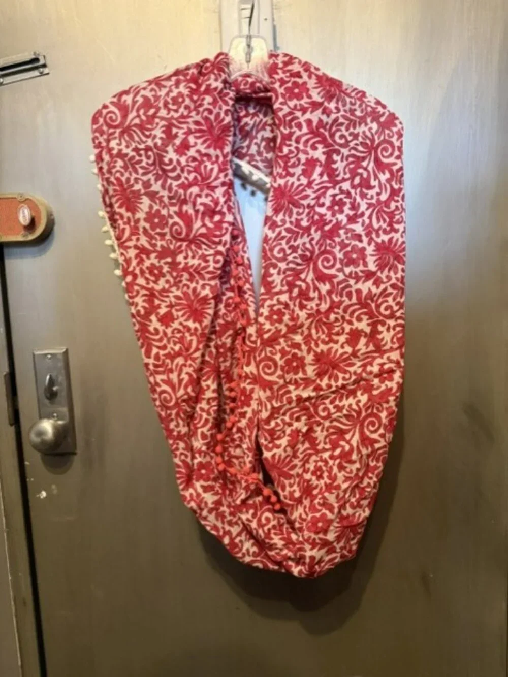 Boho Red & White paisley Infinity scarf with Pom-poms
